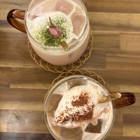 Kahluha Milk Cocktail and Cherry Blossom Milk Cocktail (No alcohol)  at Uno Yukiko - Gion Soy Milk Ramen - ぎをん豆乳らーめん うのゆきこ in Kyoto