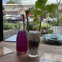 Butterfly pea tea and coconut iced latte  at Bao Bao Asian Eatery in Koh Samui