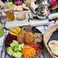 Buddha bowl, tea and trio of dips at Some in Marrakech