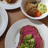 Beetroot hummus toast + breakfast bowl without halloumi, pesto or egg at Circle Cafe - Mangrove Village in Abu Dhabi
