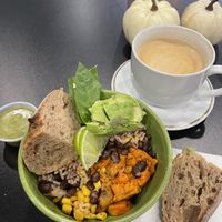Delicious fall bowl and oatmilk latte  at Roots Coffee Kitchen in Spokane