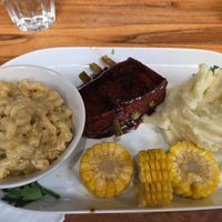BBQ Tender Ribs, With Mash Potatoes, Mac N Cheese and Corn at NSV Creative Caribbean Kitchen in Brooklyn