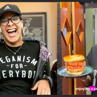 Probably laughing about the shirt they're wearing because they're about to serve you up non-vegan food at NSV Creative Caribbean Kitchen in Brooklyn