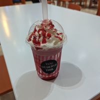vegan strawberry milkshake with whipped cream at Neat Burger - Dubai Mall in Dubai