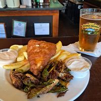 Fish and Chips come with Fried Brussel Sprouts and Sauces at Molly Malone's Irish Pub & Restaurant in Louisville