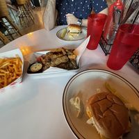 Two vegan burgers, fried mushroom planks, & a basket of fries  at Toasty's Tavern in Louisville