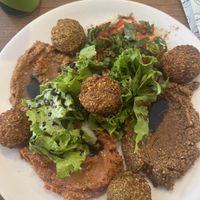 Falafel plate, with humus, bulgar wheat, tomato and bean dip and walnut dip with malasses  at Nohut Falafel Humus in Istanbul