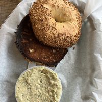 Garlic bagel with hummus.  at Everything Bagel in St Augustine