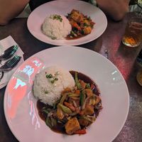 Wok with black bean sauce and tofu (front) and stir fried basil tofu (back) at Tikka's Thai Street Food in Ta Xbiex