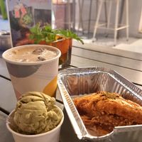 Pistachio icecream, baklava and soya iced latte 😋 at Assyrtico in Santorini