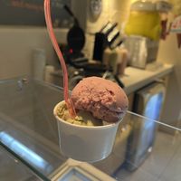 Pistachio and blueberry olive oil ice cream   at Assyrtico in Santorini
