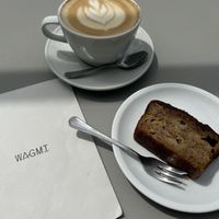 Banana bread and cappuccino with oat milk  at Wagmi Coffee in Limassol