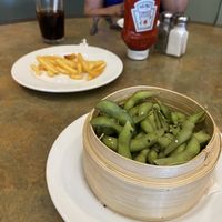 Roasted Garlic Edemame, fries in the background  at Universal Studios - Lombard's Seafood Grille in Orlando