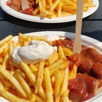 Currywurst with fries and mayo 10€ at M&M Curry 510 in Tampere