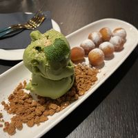 Deep fried sweet potato balls with green tea ice cream   at Soul Vegan in Edinburgh