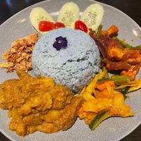 Nasi Lemak (special) – Malaysian coconut rice served with sambal beancurd, potato curry, archar and crispy beancurd (£16.80) at Soul Vegan in Edinburgh