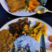 Crispy mushroom and lemon sauce, Malaysian curry. at Soul Vegan in Edinburgh