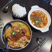 Curry laksa and mapo tofu  at Soul Vegan in Edinburgh