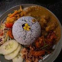 Nasi lemak special - coconut rice, potato curry, sambal beancurd, crispy beancurd and achar at Soul Vegan in Edinburgh