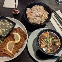 King oyster mushroom with lemon sauce, fried rice and hot & sour soup at Soul Vegan in Edinburgh