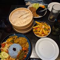 Nasi Lamak, salt & pepper chips, crispy "duck" pancakes at Soul Vegan in Edinburgh