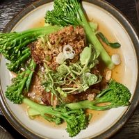 Soul’s special deep fried  tofu with mushroom sauce and tenderstem broccoli  at Soul Vegan in Edinburgh