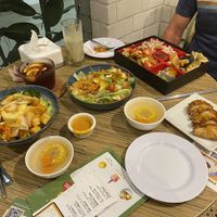 Avocado salad, Japanese golden dumplings, sweet & sour abalone mushroom bento, Japanese sesame power bowl, orangey roselle fruit tea, avocado trio soy milk .  at Idealite - Elit Avenue in Penang