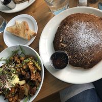 Spiced Pancake and vegetable hash with toast at Over Easy Cafe in Asheville