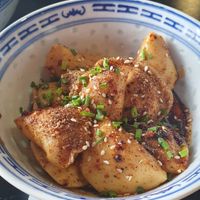 Potatoe dumplings in hot fermented soybeansauce at Kaschemme in Nuremberg