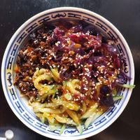Noodles with soy mince, cucumber strips and red cabbage in YuXiang sauce (small portion, 8€) at Kaschemme in Nuremberg