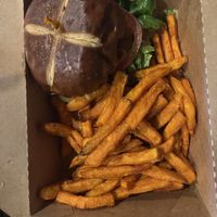 ISSA VIBE burger with sweet potato fries..AMAZING!!  at Veganish Vibes in Baton Rouge
