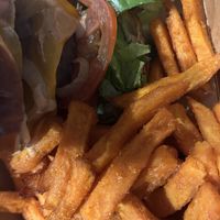 Issa vibe burger with sweet potato fries (close-up)  at Veganish Vibes in Baton Rouge