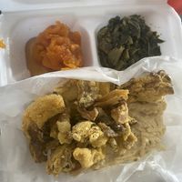 Garlic Parmesan pasta w/ candied yams & collard greens  at Veganish Vibes in Baton Rouge