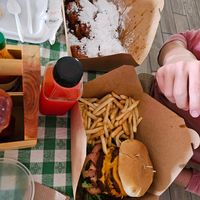 Double-stack spicy burger and beignets. at Veganish Vibes in Baton Rouge