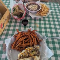Philly Cheese steak Po Boy , Red Beans and rice, fried oyster mushrooms, yummo!! at Veganish Vibes in Baton Rouge