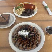 Corn bread, tamale plate, blue waffle, syrup  at Itality Plant Based Foods in Albuquerque