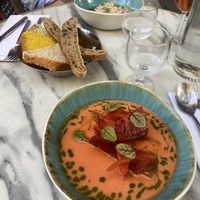 Soup in the front is vegan (watermelon, soo nice!) plus the bread is vegan too  at CrisTo in Bastia