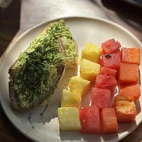 Avocado toast (you can choose sides - or fruit or salad)  at Chepiche Cafe in Oaxaca