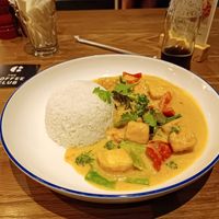 Tofu in peanut butter sauce and rice at The Coffee Club in Abu Dhabi