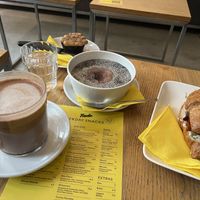 Gipfeli Sandwich, chia pudding, brownie and (oat milk) hot chocolate  at Nude Zurich in Zurich