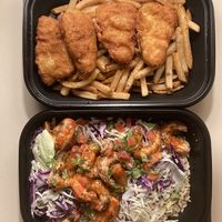 Vegan fish and chips and vegan dynamite shrimp   at California Fish Grill in Bakersfield