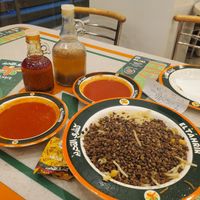 Koshary (plus extra tomato sauce) at Koshary El Tahrir in Hurghada