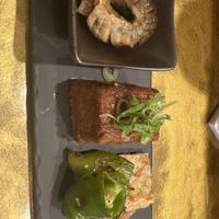 Obanzai assortment (aubergine, tofu, chili and tofu skin)  at Vegan Izakaya NIJIYA 虹屋 in Kyoto