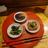 spinach(?), eggplant, fried tofu. at Vegan Izakaya NIJIYA 虹屋 in Kyoto