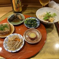 Obanzai (Simmered Deep Fried Tofu, Braised Eggplant, Simmered Radish Strips, Japanese Mustard Spinach, Candied Sweet Potato) - 7/10, Dumplings - 8/10  at Vegan Izakaya NIJIYA 虹屋 in Kyoto