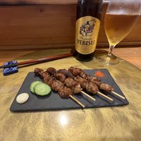 Yakitori and beer  at Vegan Izakaya NIJIYA 虹屋 in Kyoto