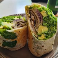 Soy meat,  mushroom and avo wrap at Bowl Acai Bar in Puerto Ayora
