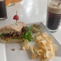 vegan sandwich and iced coffee at Bowl Acai Bar in Puerto Ayora