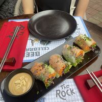 Vegan spring rolls with peanut saucee  at The Rock in Puerto Ayora
