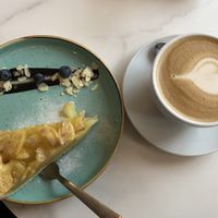Apple cake and oat latte  at Leo's in Berlin